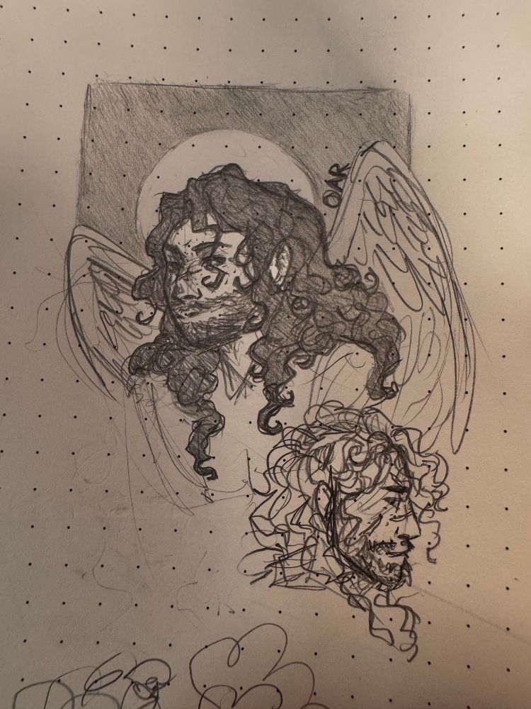 Two traditional pencil sketches of a character with long, curly hair, short facial hair, and a few scars on his face. In the top sketch, he smiles at the viewer, with wings partially folded behind him. There is a light circle behind his head, giving the illusion of a halo. The bottom sketch is in profile and less detailed. 