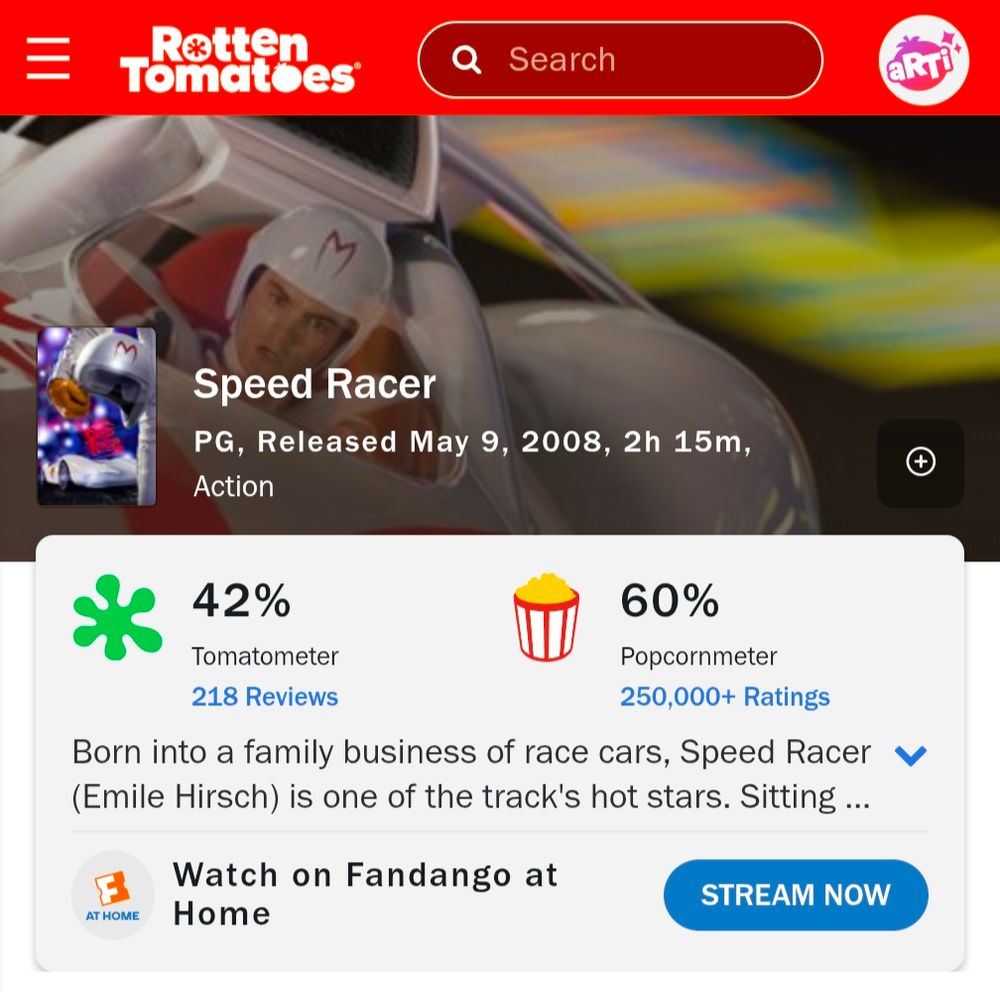 speed racer had a 42% critic score, 60% viewer score
