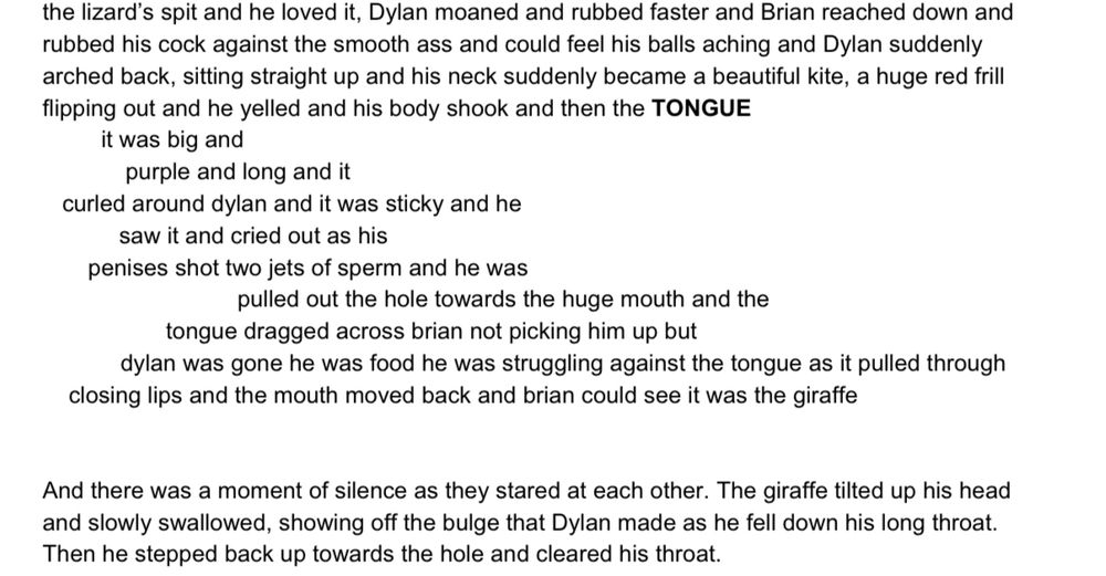 Graphic depiction of a little lizard twink getting swallowed by a big giraffe guy