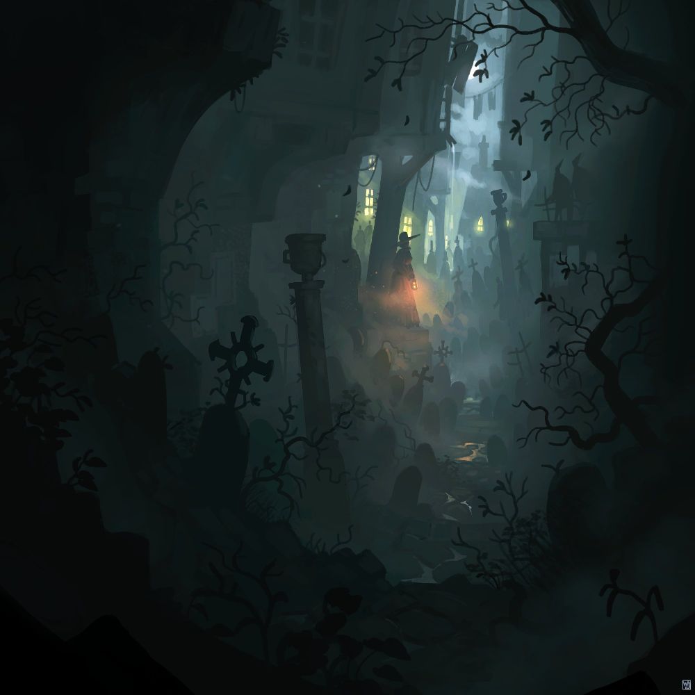 A painting of an eery street at night, tombs are everywhere in the distance are silhouettes.