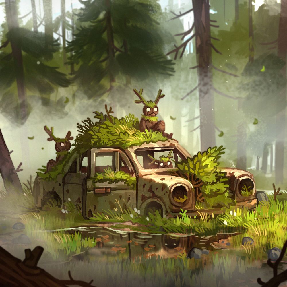 A painting of forest spirits in an abandoned car