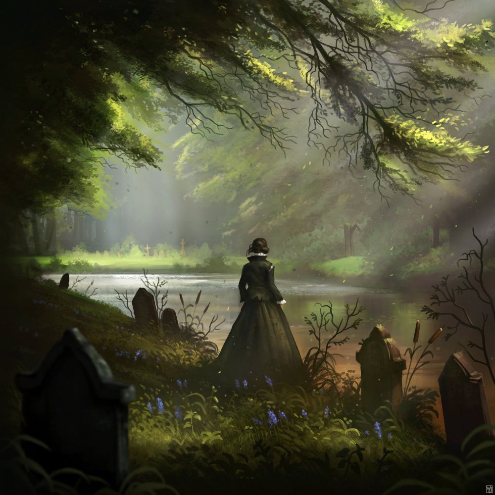 A painting of a woman standing near a river, tombs are surrounding her.