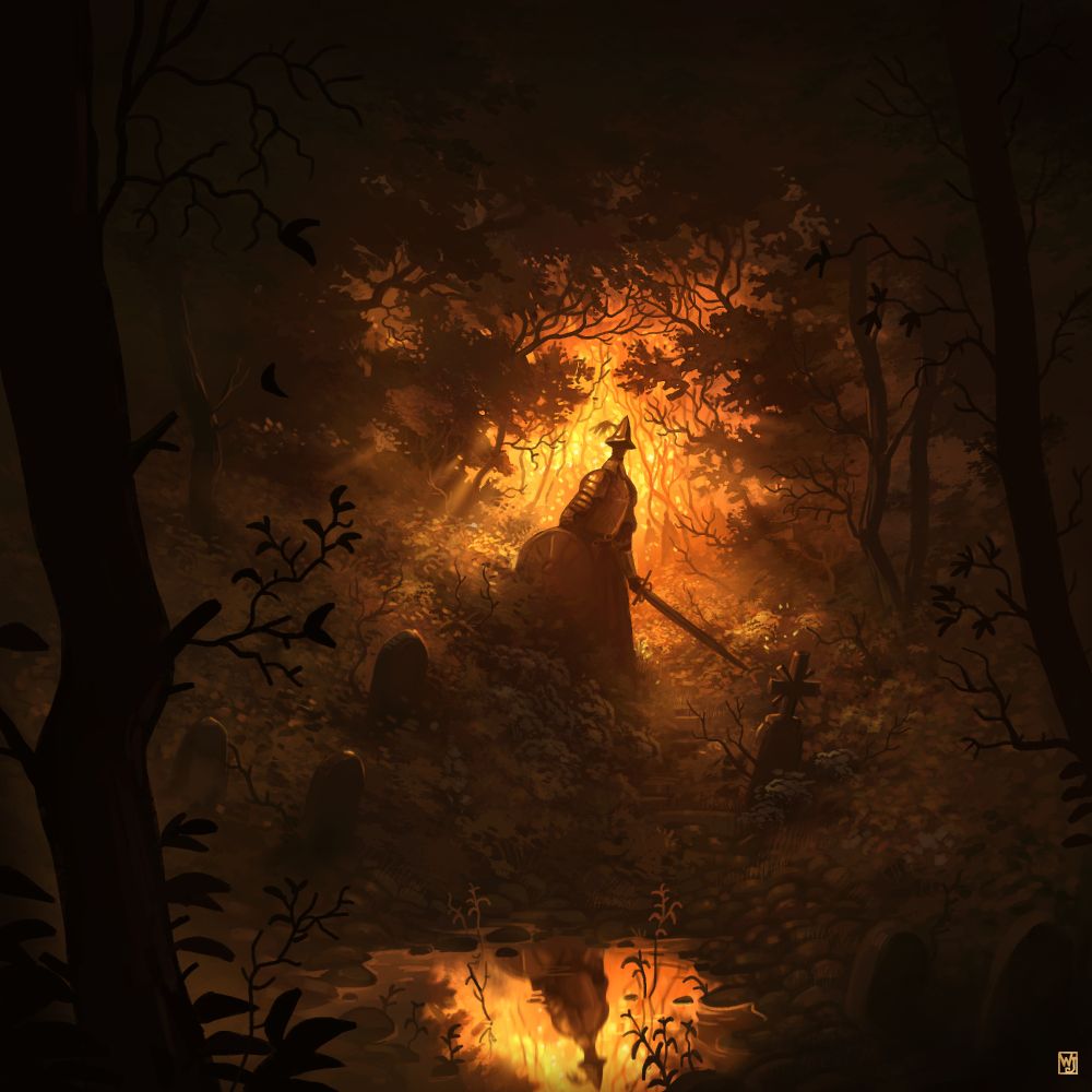 A painting of a forest with a knight in the middle in a warm, orange light. A pound below reflect his silhouette and tombs are surrounding it.