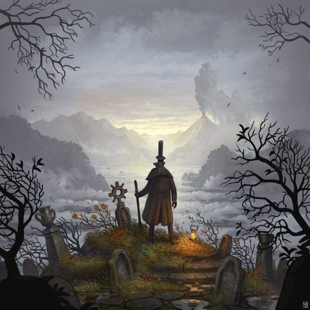 A painting of a character with a top hat looking at the horizon from a cliff surrounded by graves. A lamp is next to him.
It is inspired by the painting, the Wanderer above the Sea of Fog  by Caspar David Friedrich.