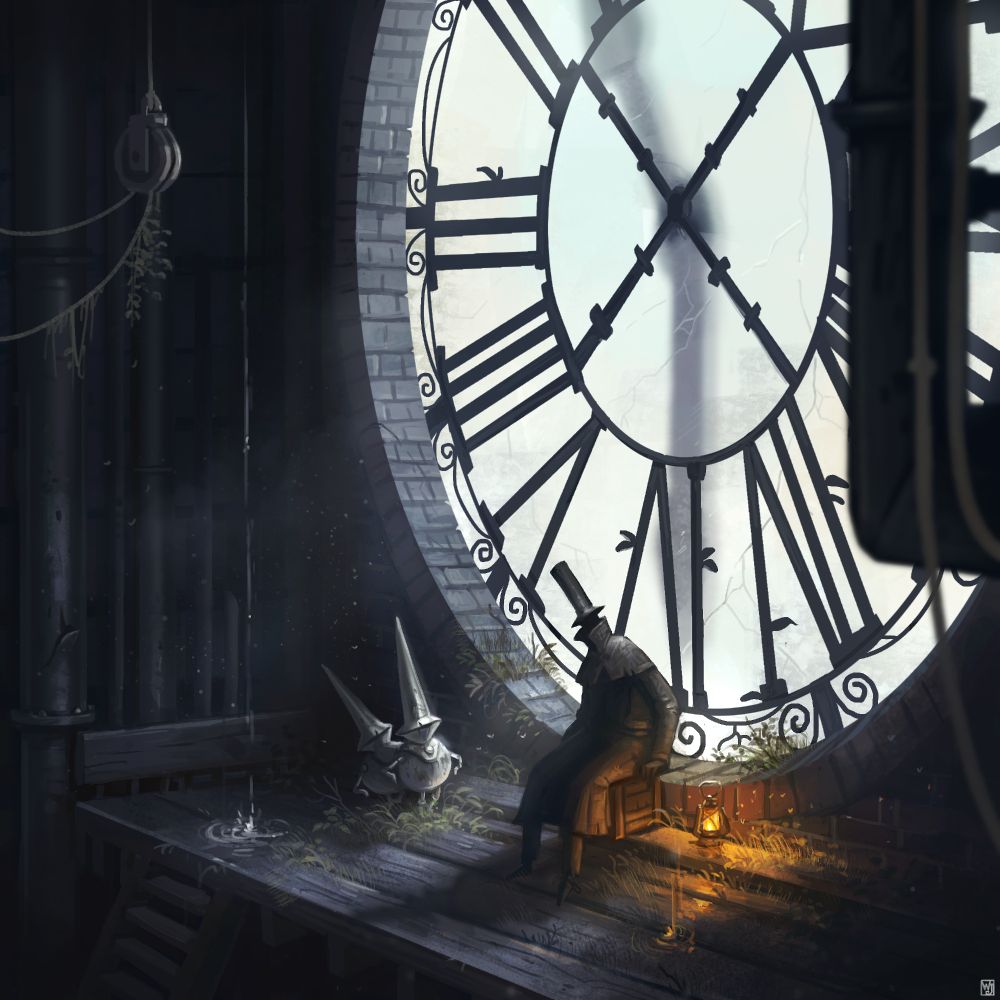 A painting of the interior of a clock tower, a character with a top hat is sitting in front of the clock dial, his lamp next to him. Small metallic creatures are next to him. 