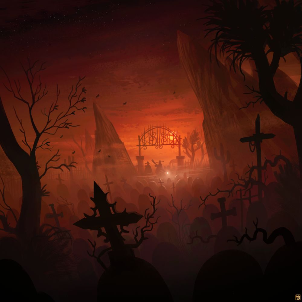 A painting of a cemetery in the desert, at dawn. Small silhouettes can be seen, holding a lamp, most likely vampire hunters.