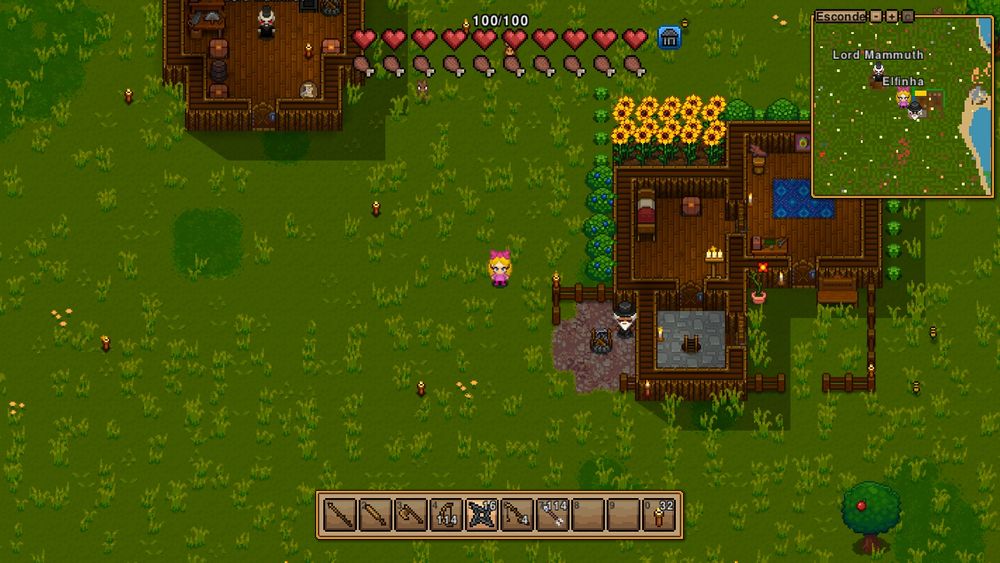 Jogando Necesse com amigos, grama e 2 casinhas de madeira em pixel