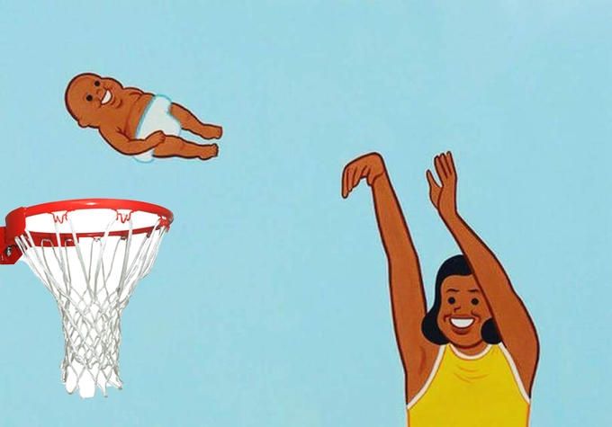 Responsibilities being denied in the form of a baby being shot into a basketball rim like a Steph Curry 3 pointer.