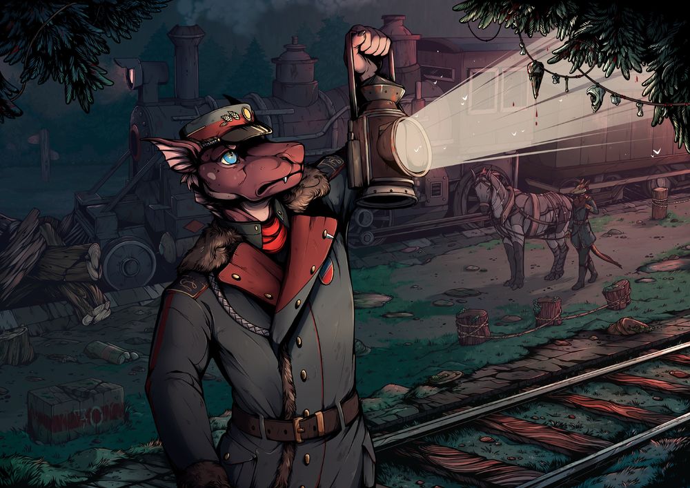 Evening in the woods. An aixe in the uniform of a railway worker holds a lantern above his head. The light falls on the branches of a fir tree festooned with a garland of bones covered with a mysterious red liquid. In the foreground, a train is seen facing an obstacle made of logs. Another railway worker leads a horse to clear the blockage. 