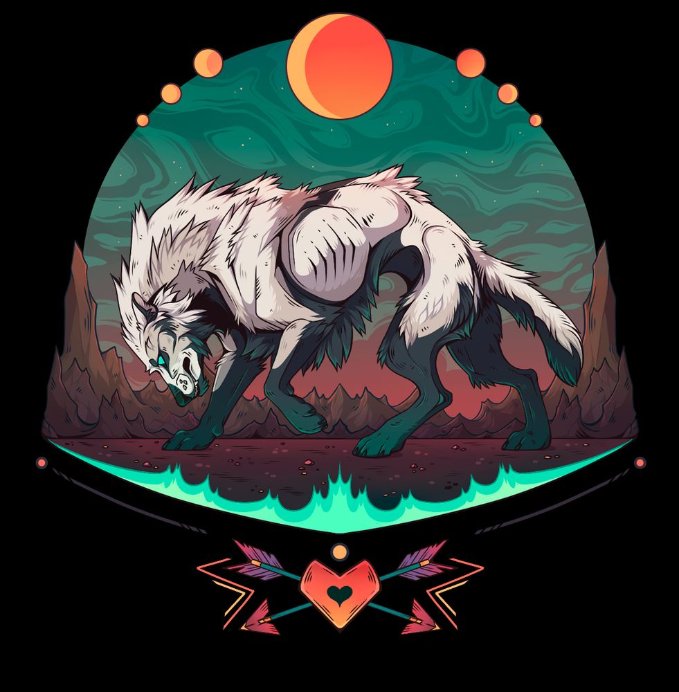 A wolf stands in the middle of a rocky wasteland. The figure of the character is hunched over, with a snarl on its face. In the foreground, green infernal flames can be seen. The frame is complemented by images of the phases of the moon. At the bottom is a heart pierced by two arrows.