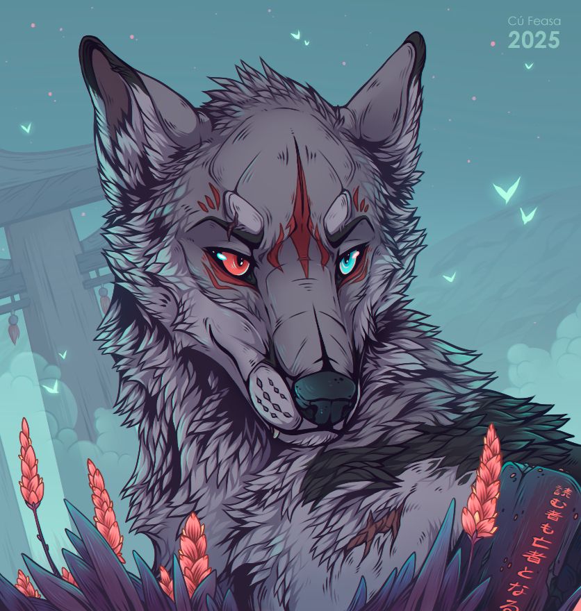 Japan. Night at the cemetery. The space is filled with fog, and pink flowers glow brightly. A demonic fox stares at the viewer, peeking out from the grass. She has heterochromia and light fur. A sly smile plays on her face.