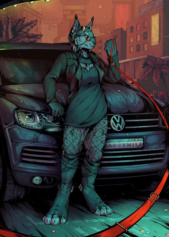 A tall, sturdy woman stands next to a black car. She holds a red leash in her hands and looks at the viewer. The entire street is flooded with neon light. In the background, rows of buildings can be seen, both old mansions and new skyscrapers. They are decorated with colourful banners. Unusual palm trees surround the composition.