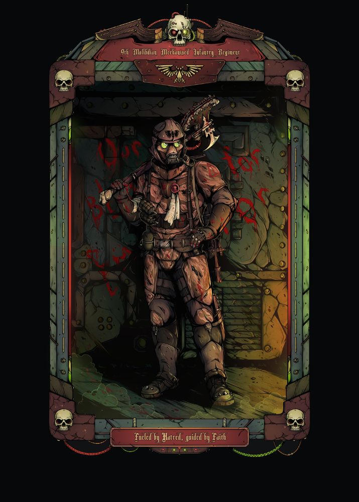 A guardsman in futuristic armour holds an axe. He stands against the side of a cracked tank with the inscription ‘Our blood for Emperor!’.