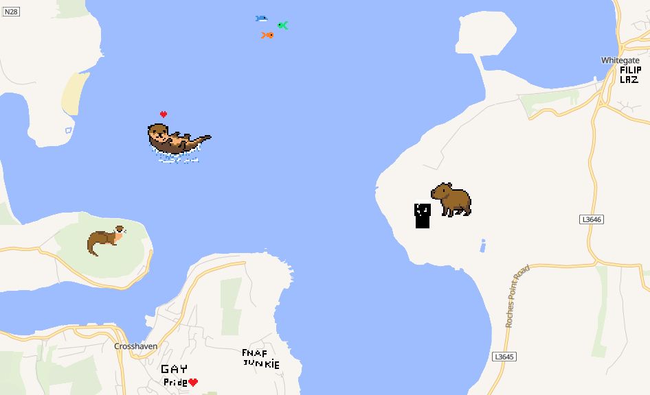 two otters, a capybara, some fish, gay pride