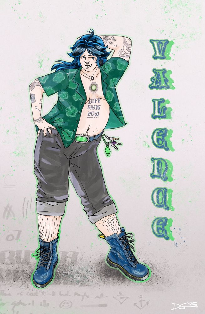 An illustrated pinup of Valence: nonbinary finery in a very butchy get up. Rockin a raven blue wolfcut, they post gayly in rolled up grey jeans, an open green floral-pattern shortsleeve, and a pair of blue doc martens. Tattoos adorn their arms, and on their sternum reads BIFF BANG POW.