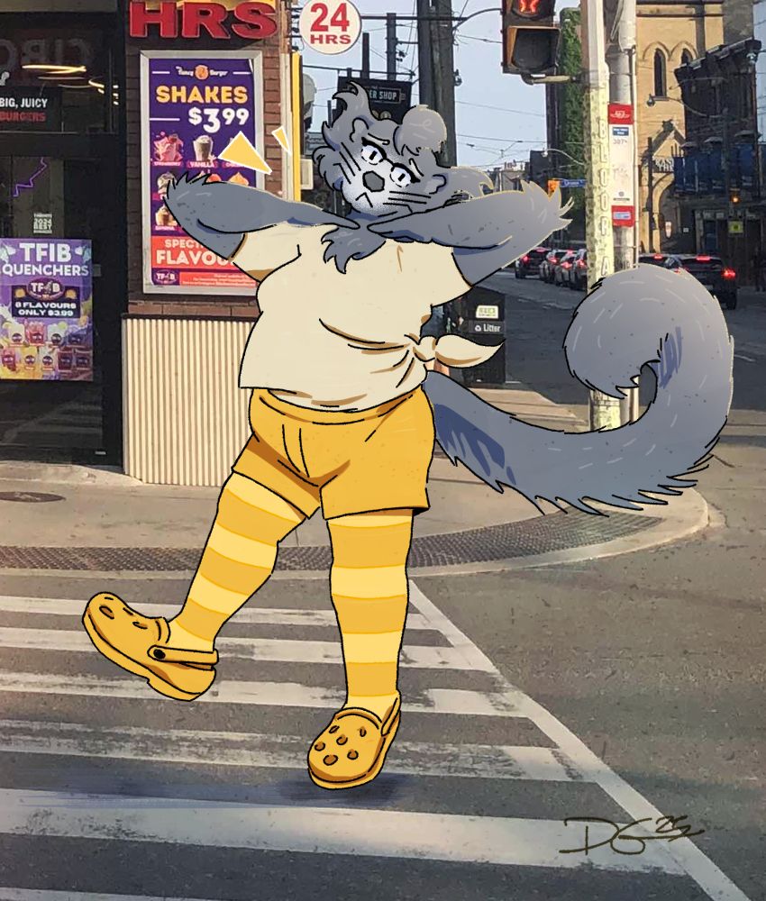 a mixed media iteration on that Teto "birdbrain" trend, featuring Gait, our beloved anthro binturong in the yellow getup from the music video. They are placed outside of that weird AI-ridden "Fancy Induced Burger" place at Bathurst and Bloor
