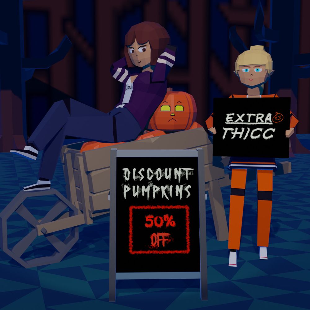 Vivian leans back on Jill in a Wheelbarrow full of Pumpkins behind a sign saying "Discount Pumpkins 50% Off" while Candy grins holds a sign that "Extra Thicc" 