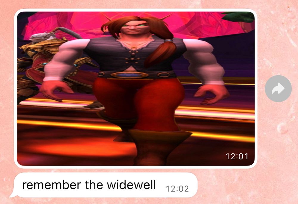 Horizontally stretched image of a blood elf so that he’s shorter and wider than he should be. Below is “remember the widewell”