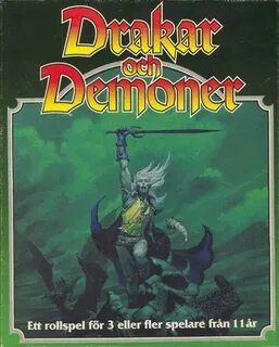 Cover art for 1984 Swedish RPG "Drakar och Demoner" lit. translated to "Dragons and Demons".  SHows a pale man in yellow armor with a blue cloak and white hair holding a black sword, on a green background.