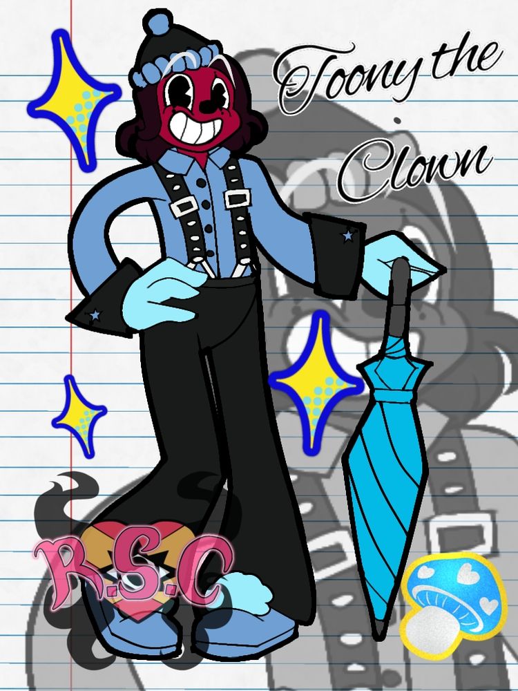 A digital art of a tall cartoon named Toony. He's a blue ish clown holding his light blue umbrella like a cane. The background is a notebook style and has a big gray version of Toony. 
