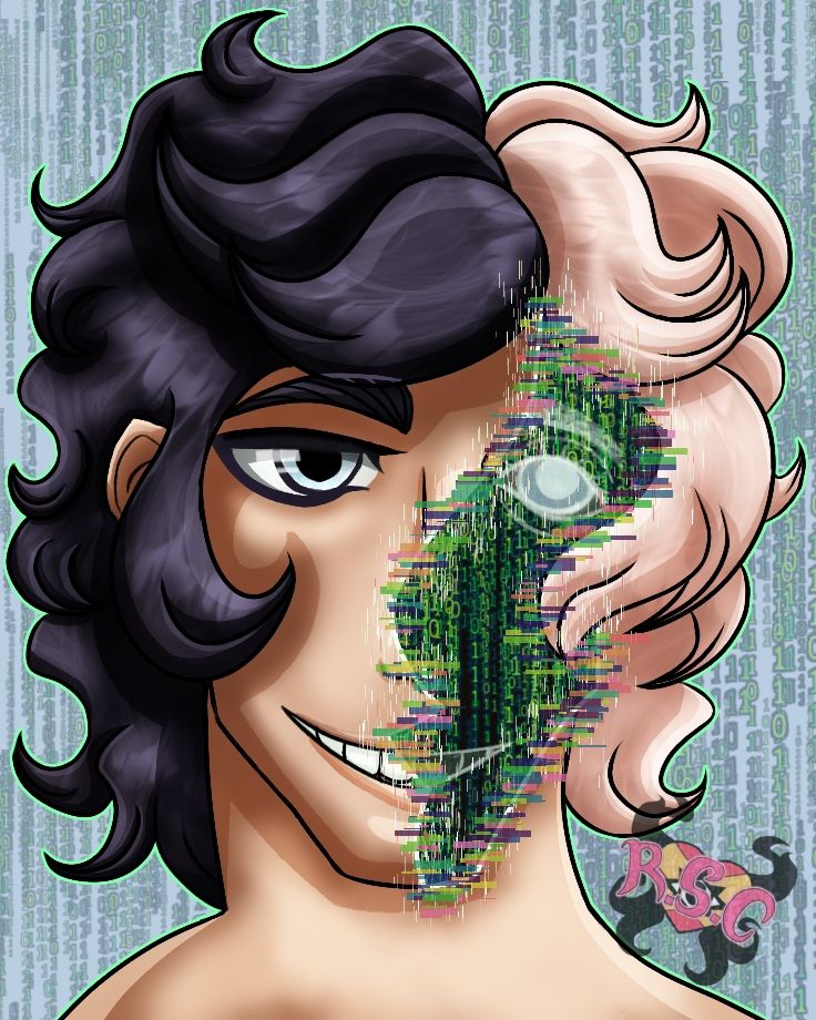 A digital art of Cypher from a minecraft series called "Sword Art Origins. He has two color hair, a dark gray purple on the left, and lighter gray pink on the right. Although he's just a normal young adult, he has a glitch with binary code inside of the right side of his face. Along with half of a mouth. The background is grey ish like baby blue, with binary codes.