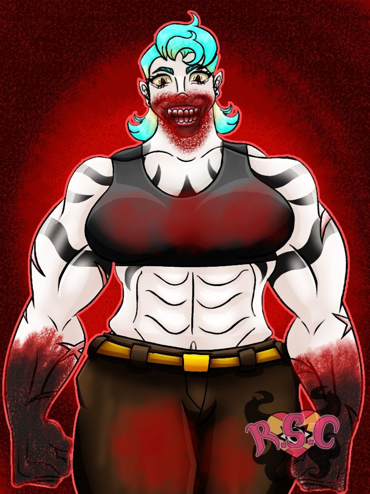 A digital art of Female Krieg from My Hero Origins named Karma. She's a tall and buff woman with creepy grim tattoos on her chest and arms. She's wearing a sports bra and brown pants. The background is just different shades of red circling behind her. In this image, she has blood on her hands, legs, chest, and face.