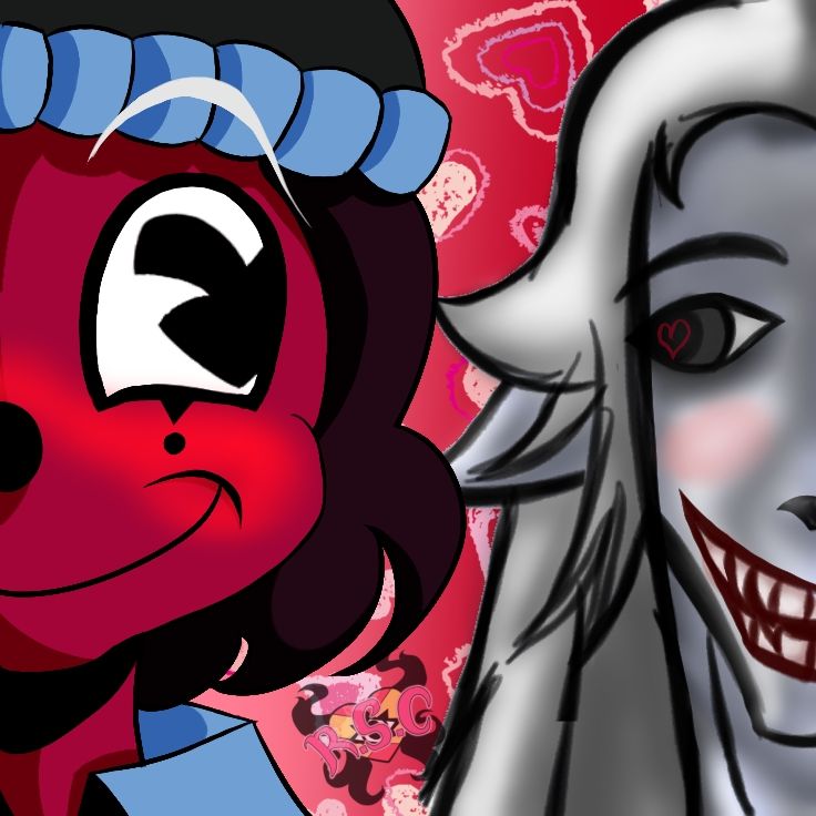 A digital art of two male characters looking at each other at a close distance while they blushed. On the left side is a classic rubber hose cartoon, and on the right is a man with a creepy mouth and is bases of a "Analog horror" inspired. They're dating, hehe.