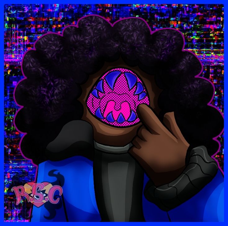 This is a digital art of a character from the creator. It's a black guy with the big afro, along with him showing his mouth that has blue teeth around the "missing texture" from Gmod.