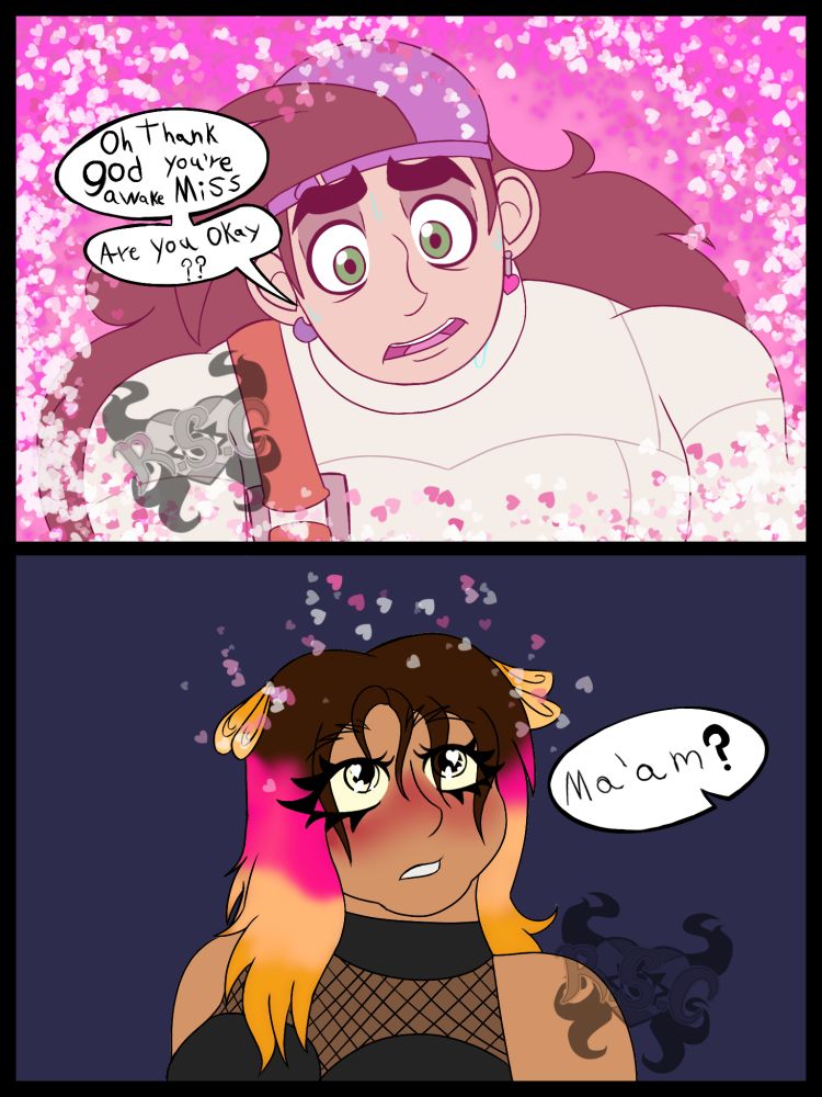 A digital short comic of Me (the artist Sona) ans Frankie from Knights of Guinevere.
"Oh thank god you're awake, Miss. Are you okay??" Saids Frankie 
Tiny (my Sona) looks at her with heart shaped eyes and she blushes 

"Ma'am?" Frankie asked
