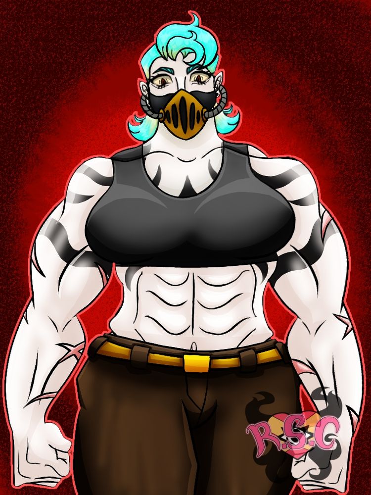A digital art of Female Krieg from My Hero Origins named Karma. She's a tall and buff woman with tattoos on her chest and arms. She's wearing a sports bra with brown pants and a metal mask. The background is just different shades of red circling behind her.
