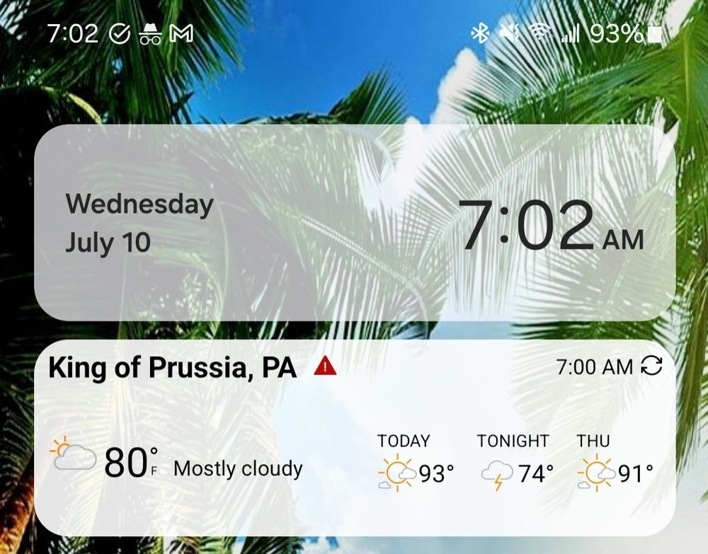 Screenshot of my phone showing the date July 10, time 7:02am and weather app with temperature 80 degrees