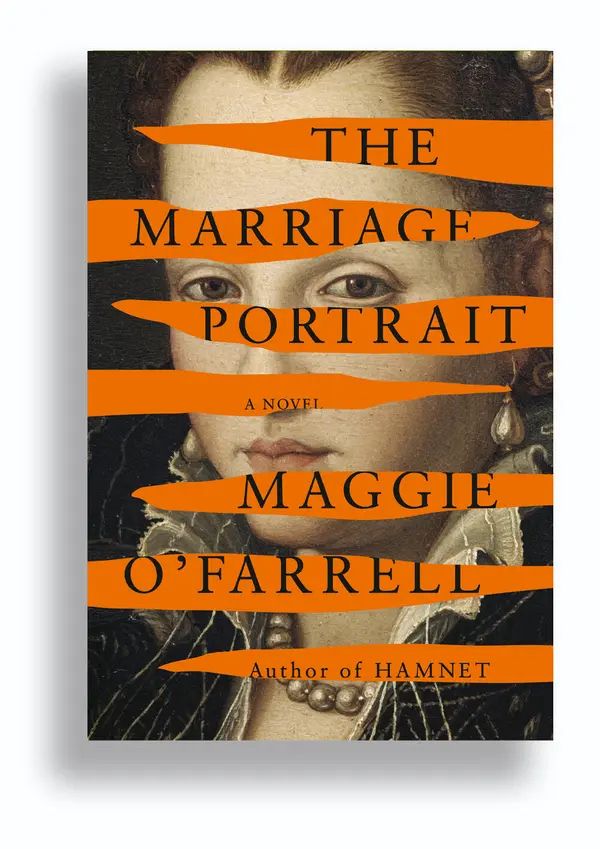 The cover of Maggie O’Farrell’s book the Marriage Portrait, featuring a 16th century portrait of a young woman overlaid with orange slashes.