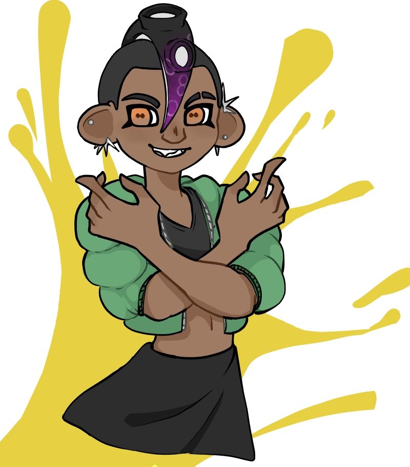 Wade of Angara, an Agent 8 OC. Medium-dark skin, feminine eye mask, masculine body, tentapunk style, pupil eyes. He wears a green jacket and short tank top, and a simple black skirt. Now or Never earrings and a relaxed smile. The rings on his tentacle form an 8 shape 
Commission by Sinha-ri on tumblr 
