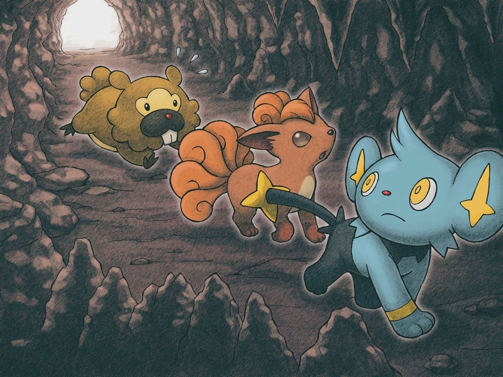 Title art of three Pokémon from "Pokémon Mystery Dungeon: Explorers of Sky" in a cave. The Hero, Shinx; The Partner, Vulpix; and Bidoof. 