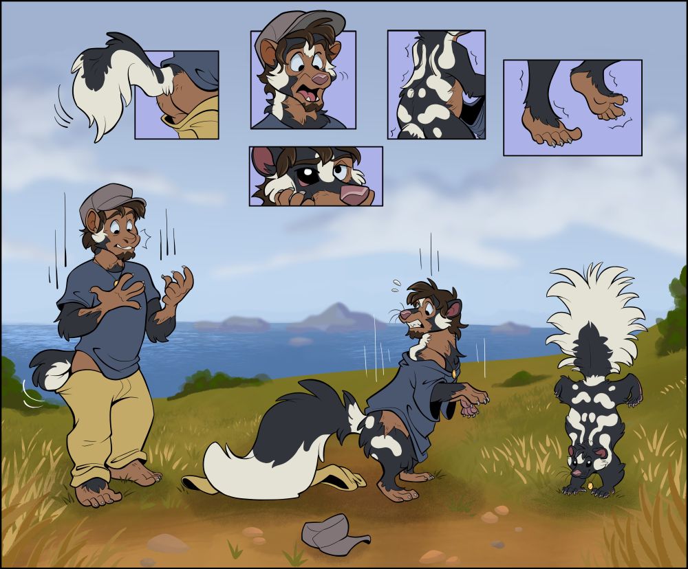 Transformation sequence of a man transforming into a feral spotted skunk!