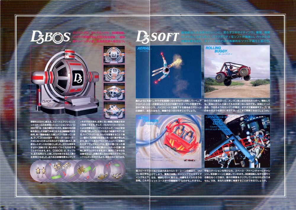 The official flyer for Taito's D3bos: a 360° motion simulator where players ride within an enclosed sphere. This machine played video content. Riders could experience the heights of acrobatic skiing, tilting within a roller coaster, traveling in a dune buggy, and flying through space.

Image from: The Arcade Flyer Archive
