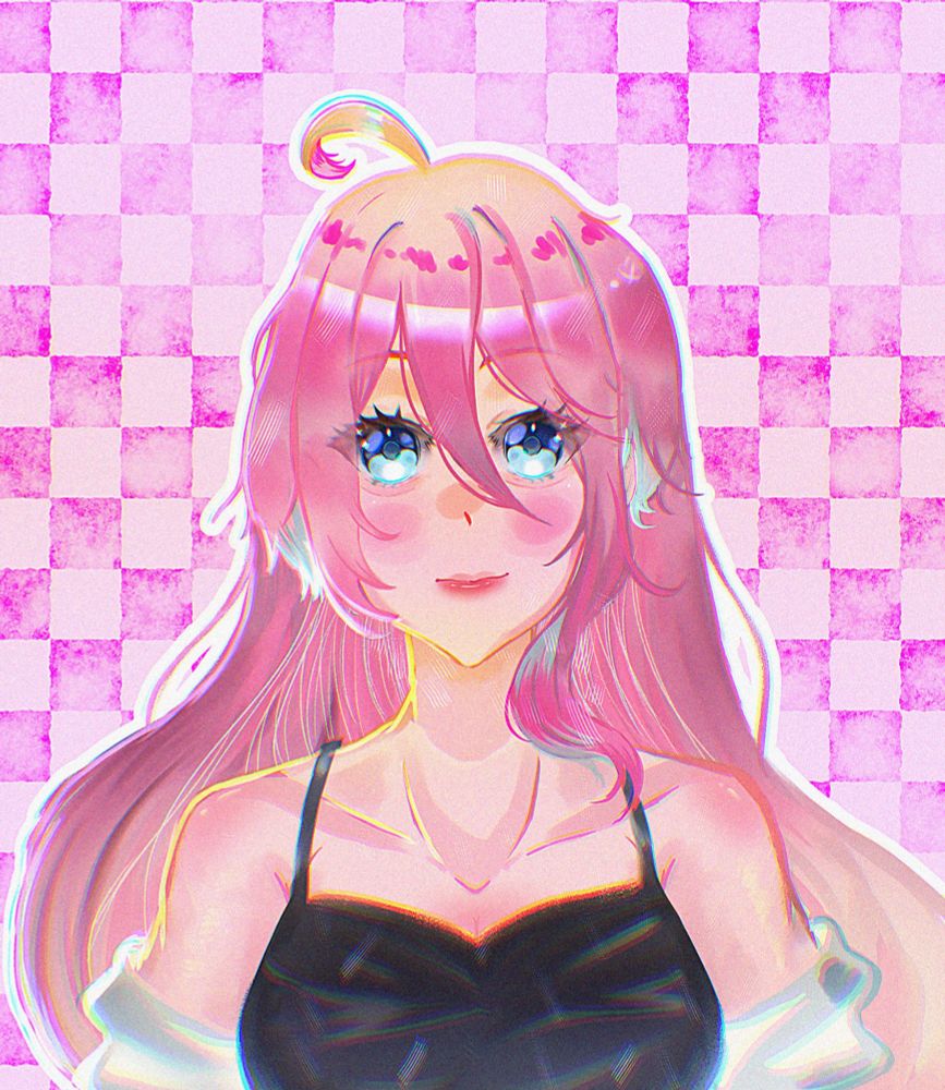 Aubrey from omori. Pink hair girl with blue eyes, a black top and a white coat