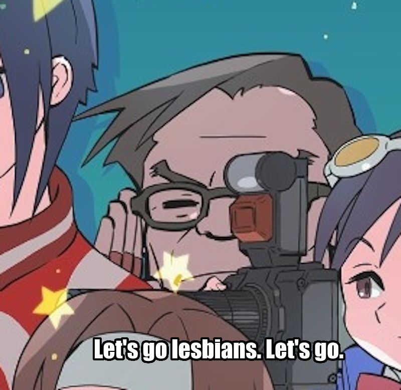 Close up on Rival Schools Hideo Shimazu in the background with the caption, "Let's go lesbians. Let's go."