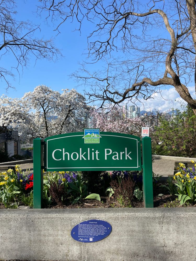The sign for Choklit park - spelled C H O K L I T - stands in a colourful flowerbed. Behind it are some bald trees, a couple of trees laden with blossom, and behind them the tall buildings of downtown Vancouver