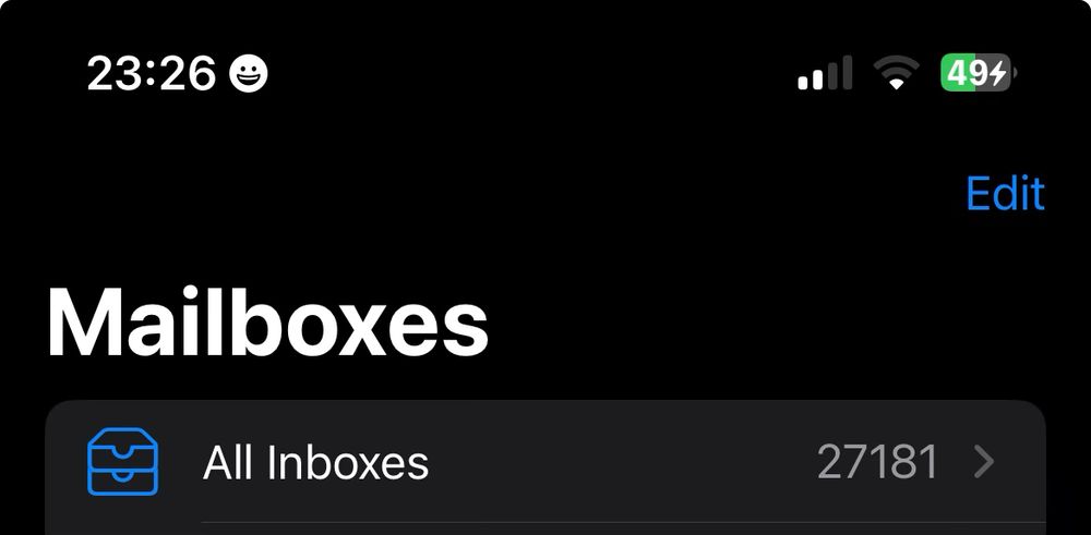 A screenshot of the iOS Mail app, showing 27,182 unread emails across all inboxes. 