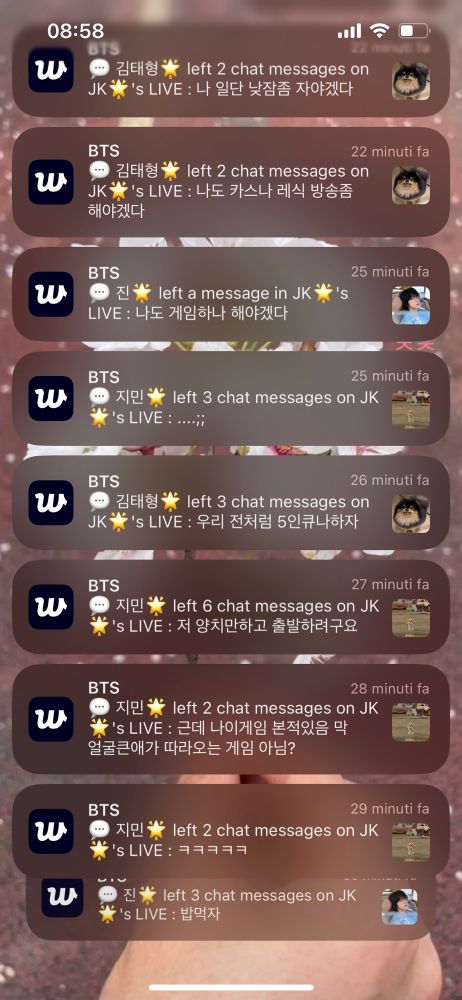 Screenshot of the notifications from weverse of BTScommenting in jk’s live 