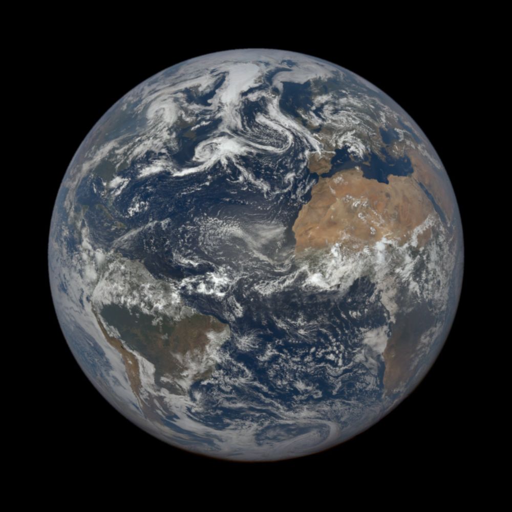 Earth from space, centered on the North Atlantic Ocean, captured on Sunday, July 13, 2025 at 2:05:15 PM by NASA's DSCOVR EPIC camera.