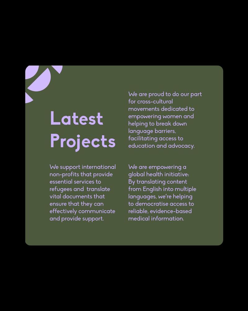Latest Projects
We support international non-profits that provide essential services to refugees and  translate vital documents that ensure that they can effectively communicate and provide support.
We are proud to do our part for cross-cultural movements dedicated to empowering women and helping to break down language barriers, facilitating access to education and advocacy.
We are empowering a global health initiative: 
By translating content from English into multiple languages, we’re helping to democratise access to reliable, evidence-based medical information.