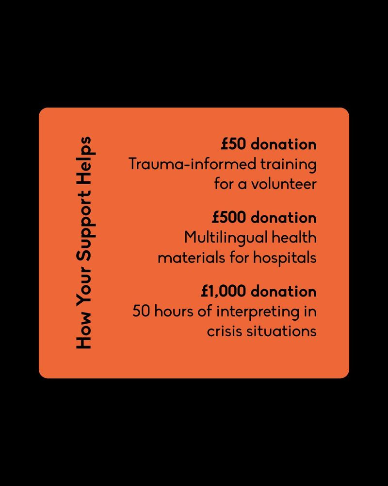 How Your Support Helps
£50 donation
Trauma-informed training for a volunteer
£500 donation
Multilingual health materials for hospitals
£1,000 donation
50 hours of interpreting in crisis situations