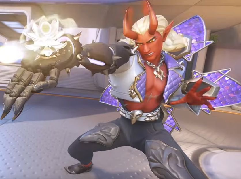 blurry screenshot of Lifeweaver's newest skin for season 16 of Overwatch 2. He looks like a sexy k-pop or final fantasy demon :)