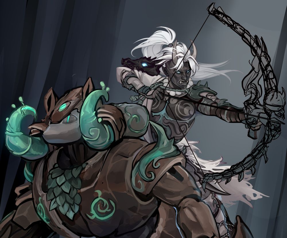 a work in progress screenshot of Hanzo and Orisa from Overwatch. Hanzo is in his mythic skin, drawing his bow back, while riding the back of Orisa like a horse, Orisa is in her forest spirit skin.