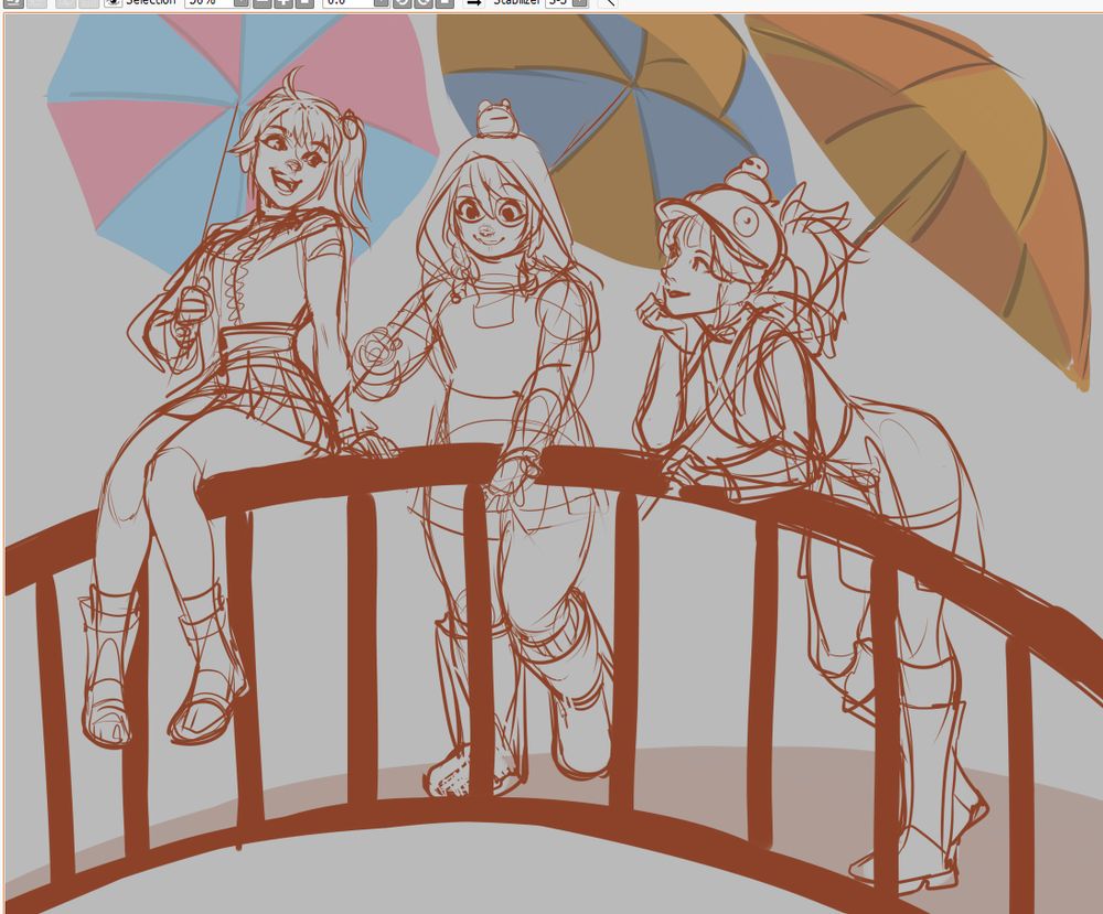 a super rough sketch of Kiriko, Mei, and Mercy from Overwatch, all vibing on a small bridge in their rainy day skins and umbrellas.