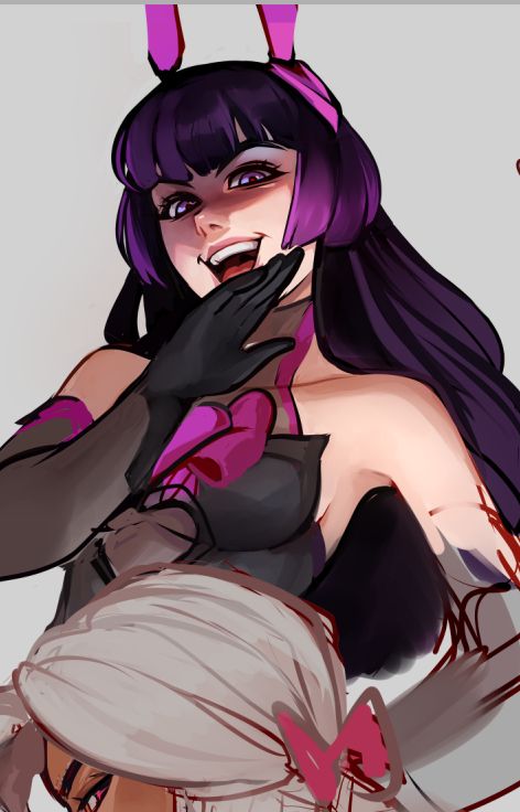 a rough illustration work-in-progress of DVA from Overwatch 2 in her Hollow Heart dokiwatch skin doing the 'evil anime woman' laugh