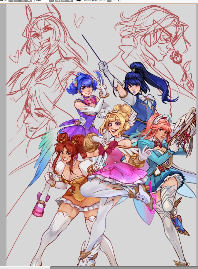 a work in progress screenshot of an illustration of most of the dokiwatch characters from Overwatch 2. 