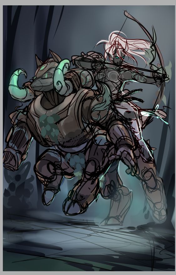 A rough sketch with blocked in colors and lighting. Hanzo Shimada riding the back of Orisa (both characters from Overwatch 2) bow drawn back while they ride through a misty and spooky forest setting. The colors are cool earth tones and minty greens. Hanzo is in his mythic skin (Onryo) and Orisa is in her Forest Spirit skin, but the colors are muted and ashy to match Hanzo's. 